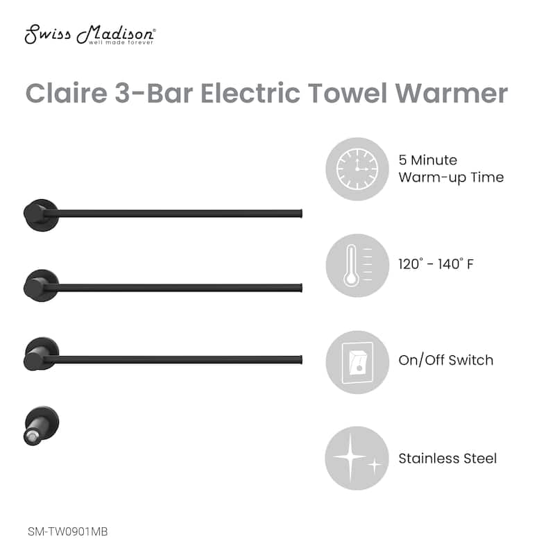 Claire 3-Bar Electric Towel Warmer In Matte Black - 19.69" x 40.94" x 4.45"