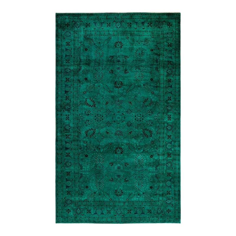 Overton Handknotted Wool Vintage Inspired Contemporary Overdyed Green Area Rug - 13' 10" x 8' 2"
