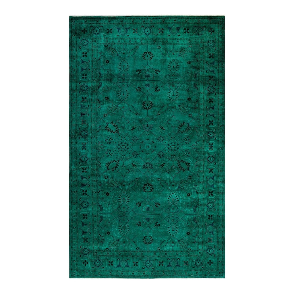 Overton Handknotted Wool Vintage Inspired Contemporary Overdyed Green Area Rug - 13' 10" x 8' 2"