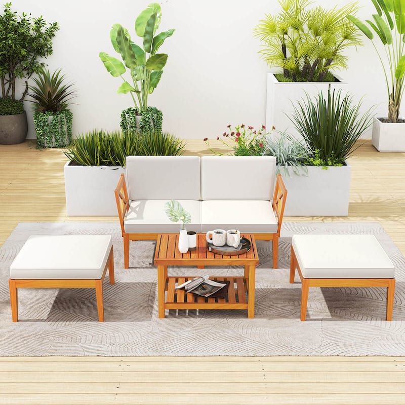 Costway 5 PCS Acacia Wood Patio Chaise Lounge Chair Set with 2-Tier - See Details