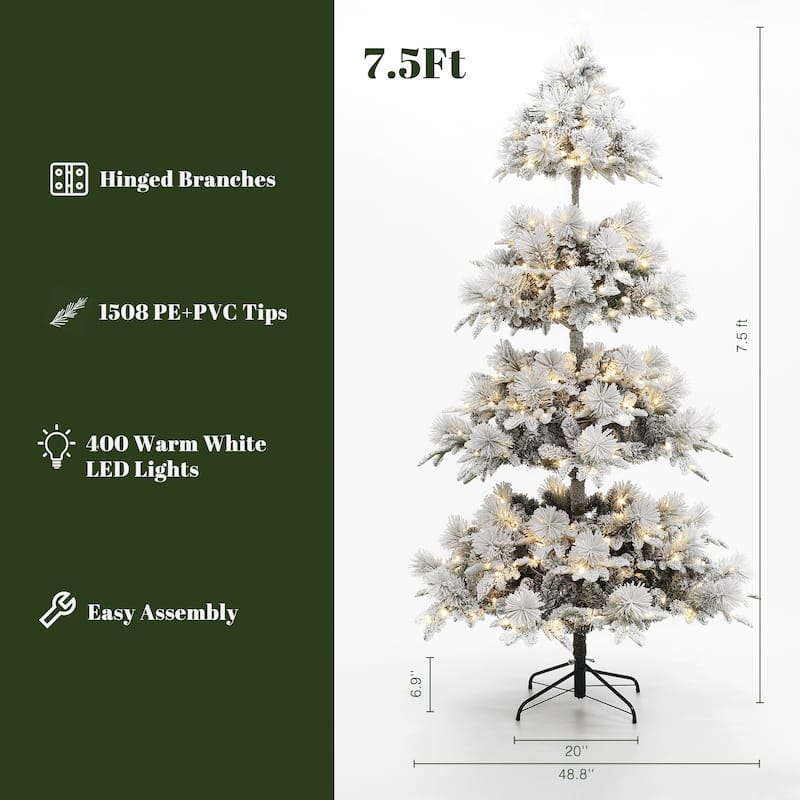 7.5Ft Pre-Lit Hinged Snow Flocked Slender Artificial Pine Christmas Tree - 90" H x 48.8" Diameter