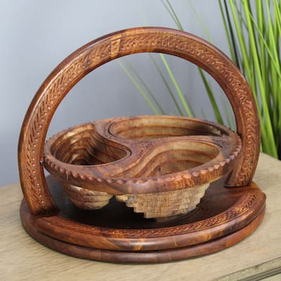 Natural Geo Handcarved Wooden Decorative Collapsible Nuts Basket