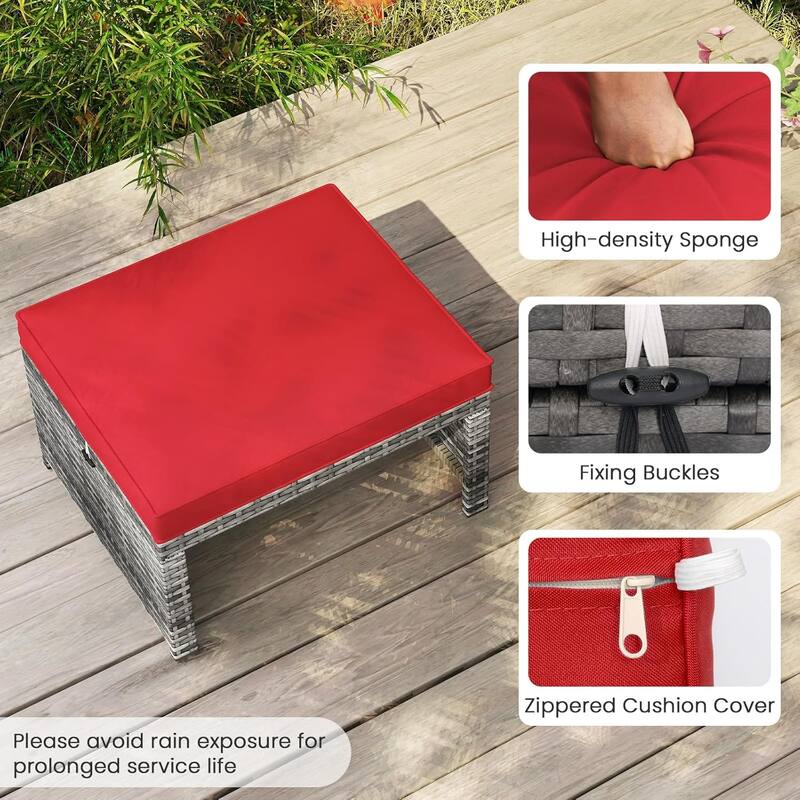 Set of 2 Rattan Footstools Wicker Outdoor Ottoman w/Removable Cushions