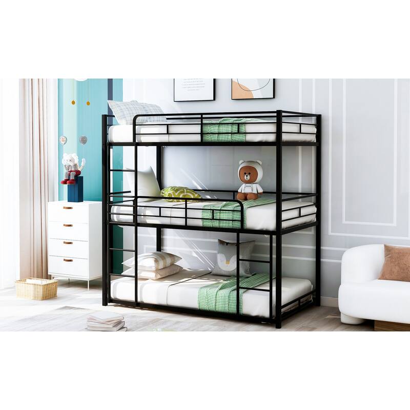 Metal Triple Bunk Bed Frame Sturdy Steel Slat Support