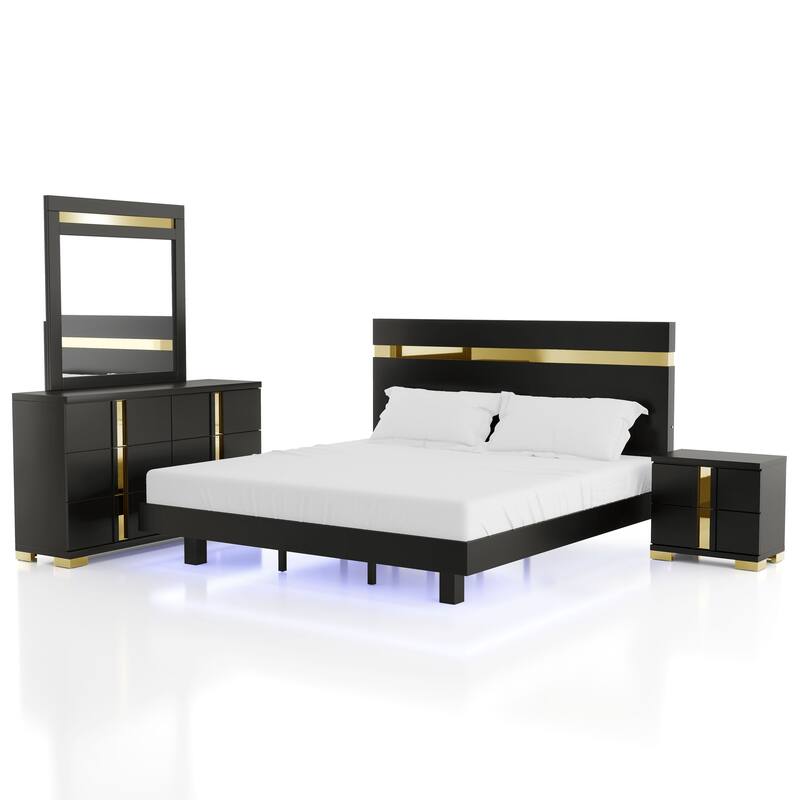 Furniture of America Halifax Modern 4-Piece Wood Black Platform Bedroom Set with Underbed LED