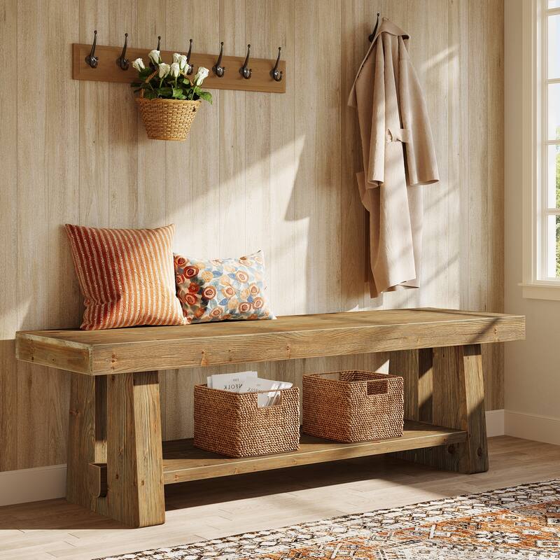 2-Tier Solid Wood Entryway Bench with Shelves, Dining Bed End Accent Seat for Dining Room Living Room Hallway Bedroom