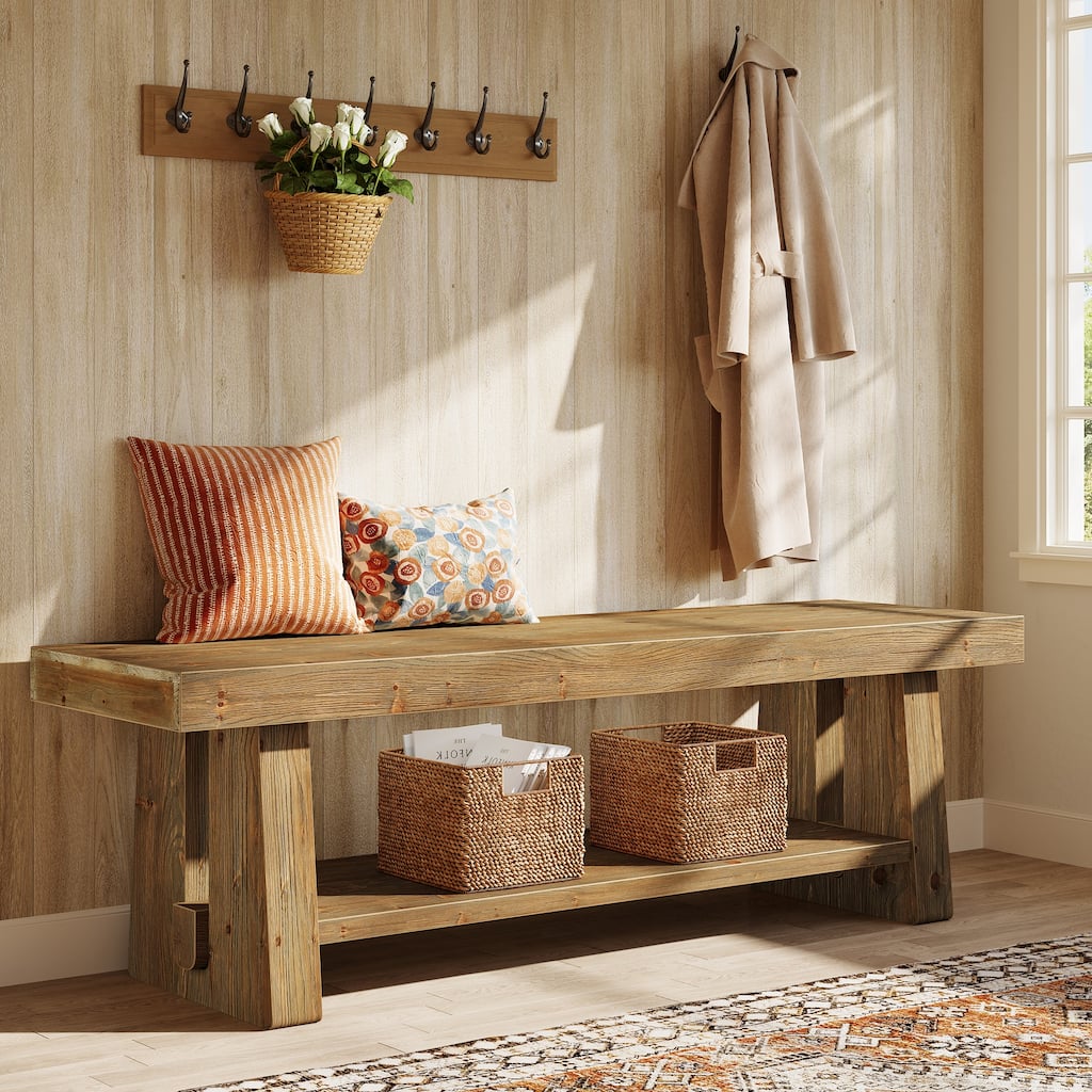 63" Solid Wood 2-Tier Entryway Bench with Open Shelves, Dining Bed End Accent Seat for Dining Room Living Room Hallway Bedroom
