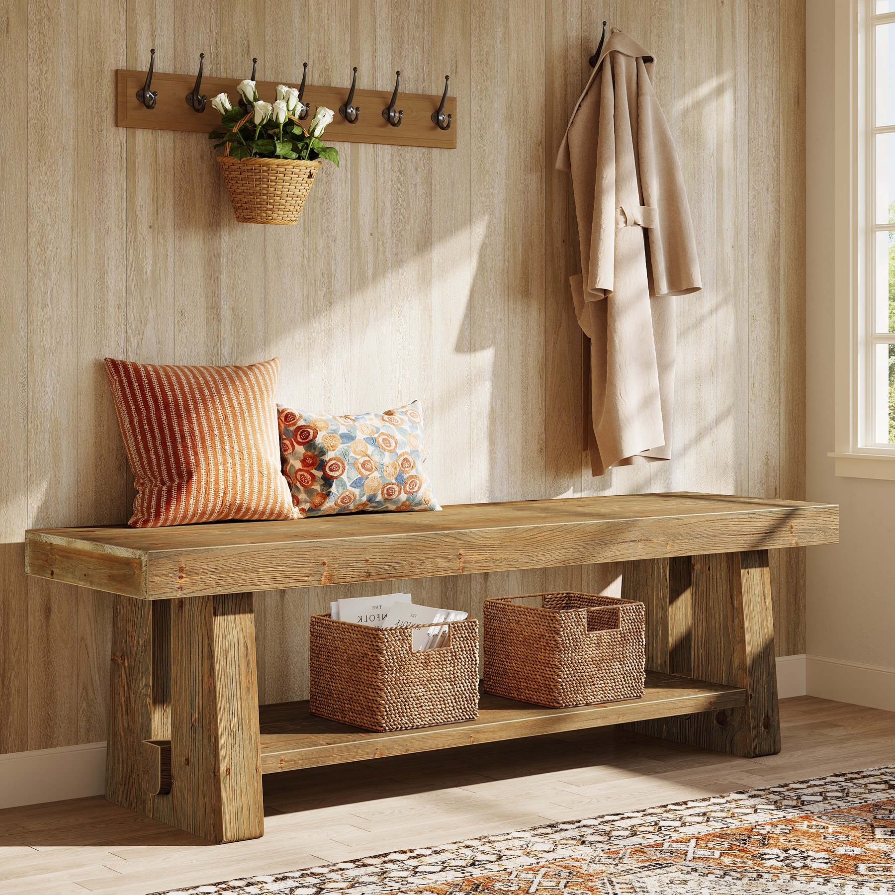 63'' Solid Wood Farmhouse Entryway Bench, 2-Tier End of Bed Bench