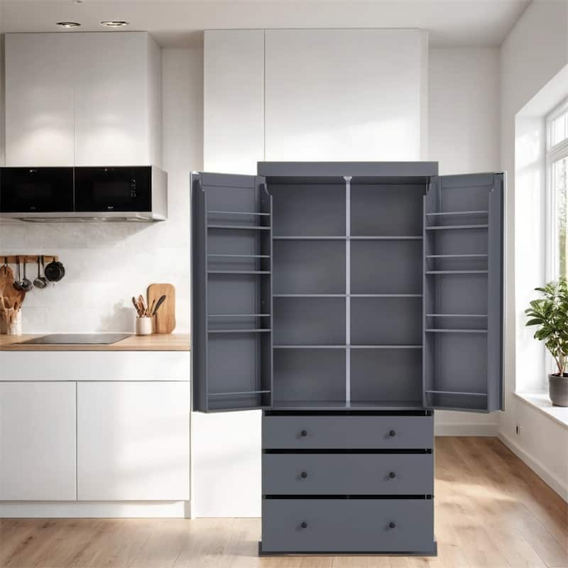 Freestanding Tall Cupboard Storage Cabinet w/ 8 Door Shelves, 3 Drawer