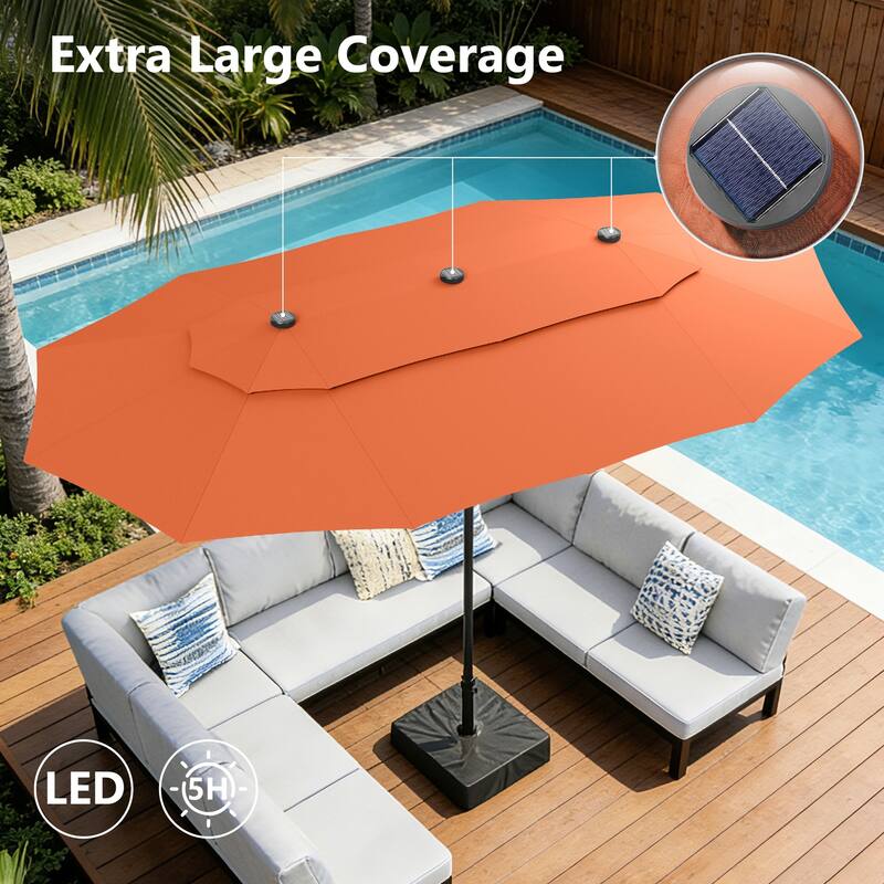 MAISON ARTS 15ft 2-Tier Large Patio Umbrella with Solar Lights, Double-Sided Outdoor Market Umbrellas with Base Included