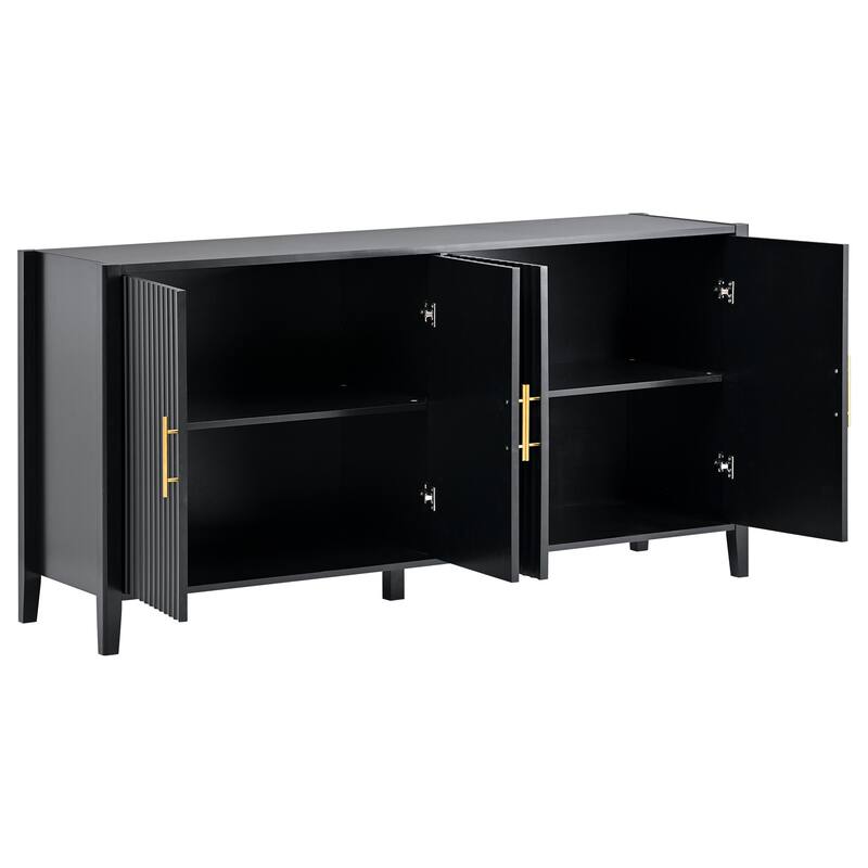Roomfitters 63.1'' Sideboard Buffet Cabinet with 4 Door Mid-century Modern Fluted Accent Storage for Kitchen & Dining, Black