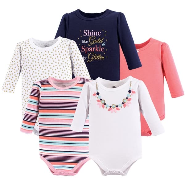 slide 1 of 1, Little Treasure Baby Girl Cotton Long-Sleeve Bodysuits 5pk, Sparkle Necklace 0-3 Months - Sparkle Necklace