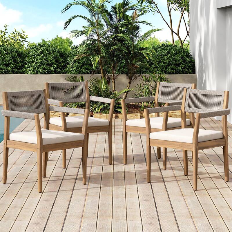Braided Acacia Wood Outdoor Dining Table and Chairs Set of 4, All-Weather Patio Furniture - Cream,Teak+ Beige