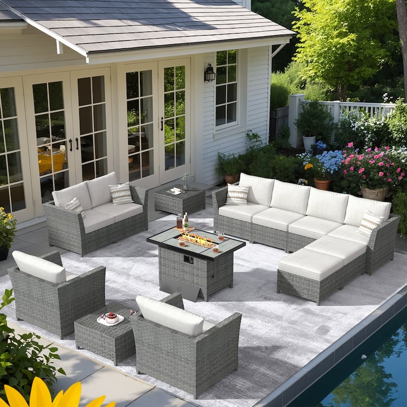 XIZZI 13-piece Patio Furniture Outdoor Wicker Sectional Set with Fire Pit - Beige