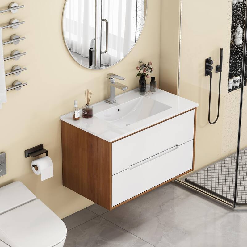 32 Inch Floating Bathroom Vanity with Sink & Double Drawers, Wall-Mounted Bathroom Vanity Base with Ceramic Basin