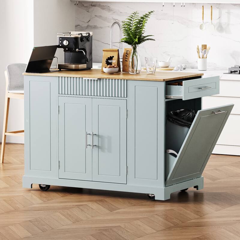 48.50'' Fluted Kitchen Island with Power Outlet, Rolling Wheels, 3 Drawer, 3 Open Side Racks and 10 Gallon Garbage Bin