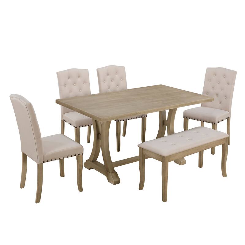 6-Piece Farmhouse Dining Table Set, Rectangular Trestle Table and 4 Upholstered Chairs & Bench