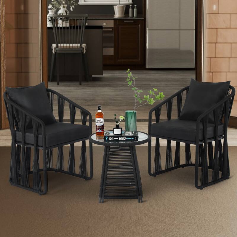 XINMICS 3 Pieces Outdoor Patio Furniture Set Woven Rope Chairs with Table and Soft Cushions