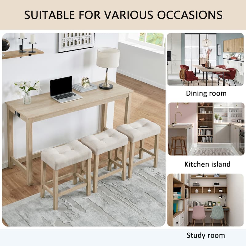 4 Piece Farmhouse Bar, Table Set with Power Outlet, Dining Table Set w/3 Upholstered Stools, Wood Console Table Set for Kitchen