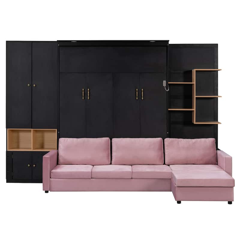 Queen Murphy Bed with Sofa and Cabinets Space Saving Sofa Wall Bed with Open Shelves and Dual Lights for Living Room Guest Room