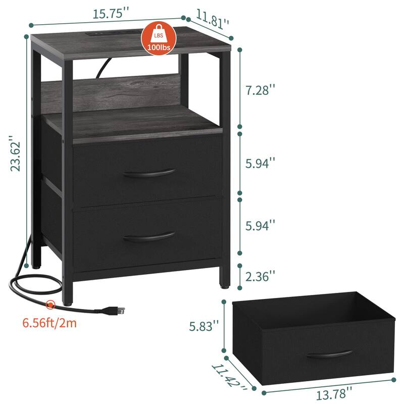 Nightstand with Charging Station,Small Night Stand with Fabric Drawers & Storage Shelf,Small Spaces with USB Ports & Outlets