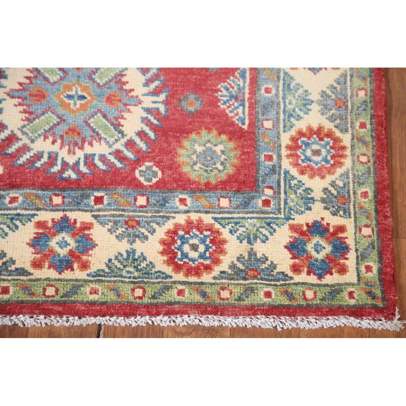 Hand Knotted Oriental 100% Wool Carpet Traditional Geometric Red Kazak Area Rug - 6' 5'' X 2' 9''
