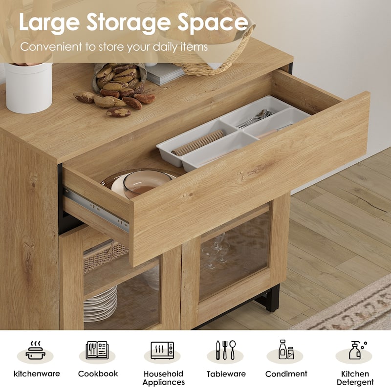 WAMPAT Modern TV Stand with Glass Doors for 110 inch TVs, Entertainment Center Console with 3 Drawers and Metal Base