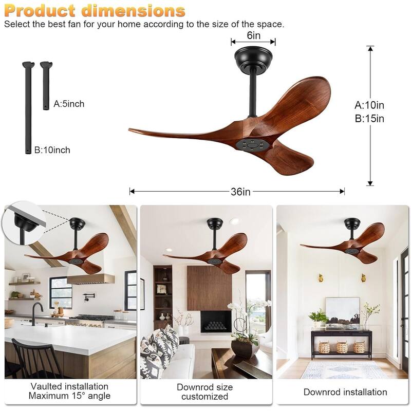 Sofucor 36 Inch Small Solid Wood Ceiling Fan without Light,With Remote Control,3 Blades Walnut for Living Room Bedroom
