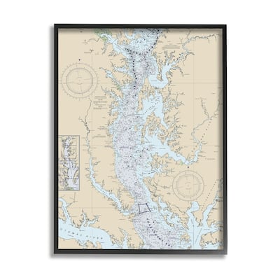 Stupell Potomac River Chesapeake Bay Coastal Map Beige Blue Framed Wall Art
