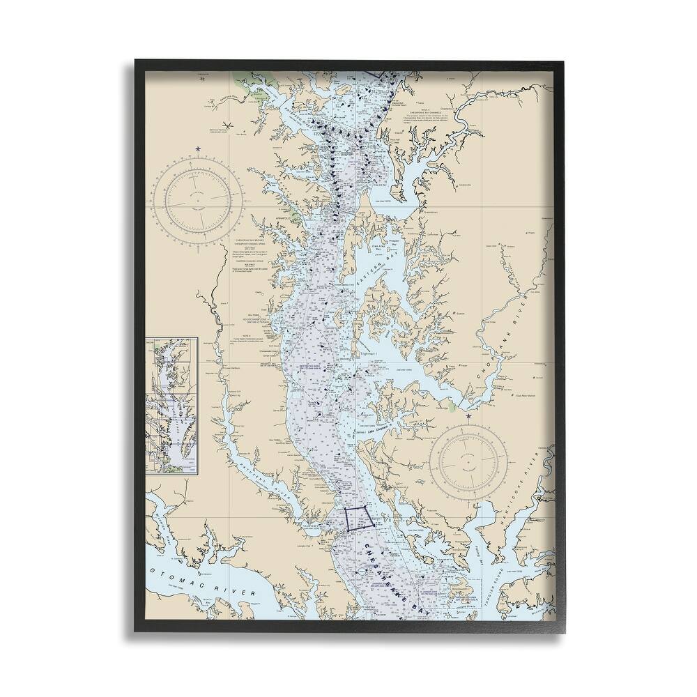 Stupell Potomac River Chesapeake Bay Coastal Map Beige Blue Framed Wall Art
