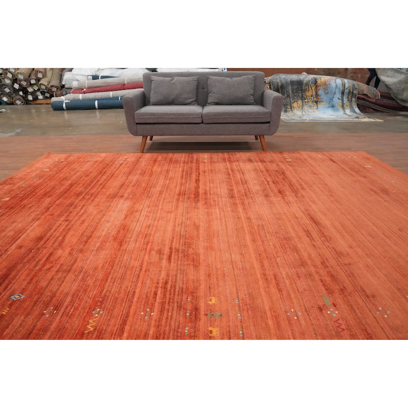 Hand Knotted Oriental Viscose Silk Carpet Tribal Animal Pictorial Oranges & Rust Gabbeh Area Rug - 11' 6'' X 8' 8''