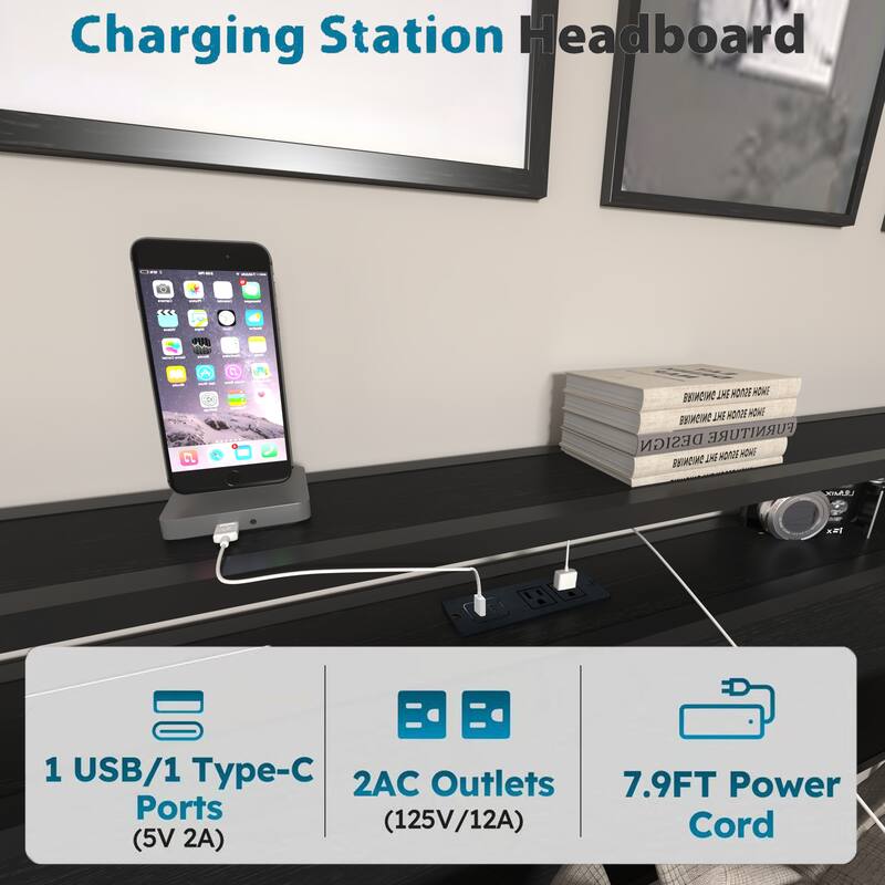 Full Size Bed Frame Storage Headboard 2 Drawers LED Lights Charging Station Metal Platform Strong Slats No Box Spring