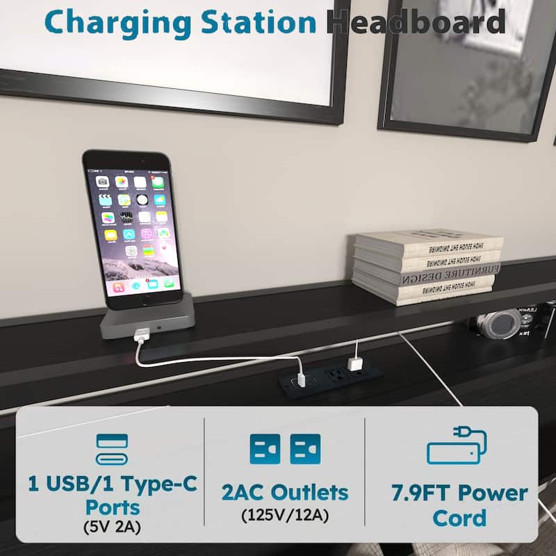 Heavy Duty Metal Bed Frame, Full Size Practical Storage Bed with 2 Drawers, Smart LED Platform Bed Frame with Charging Station