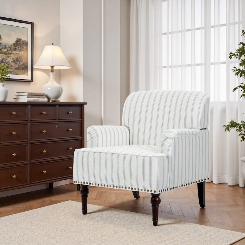 Striped Upholstered Linen Armchair with Brass Nailhead Trim