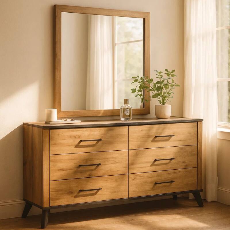 Wemy Wide Dresser with Matching Mirror, 6 Drawers, Brown Wood