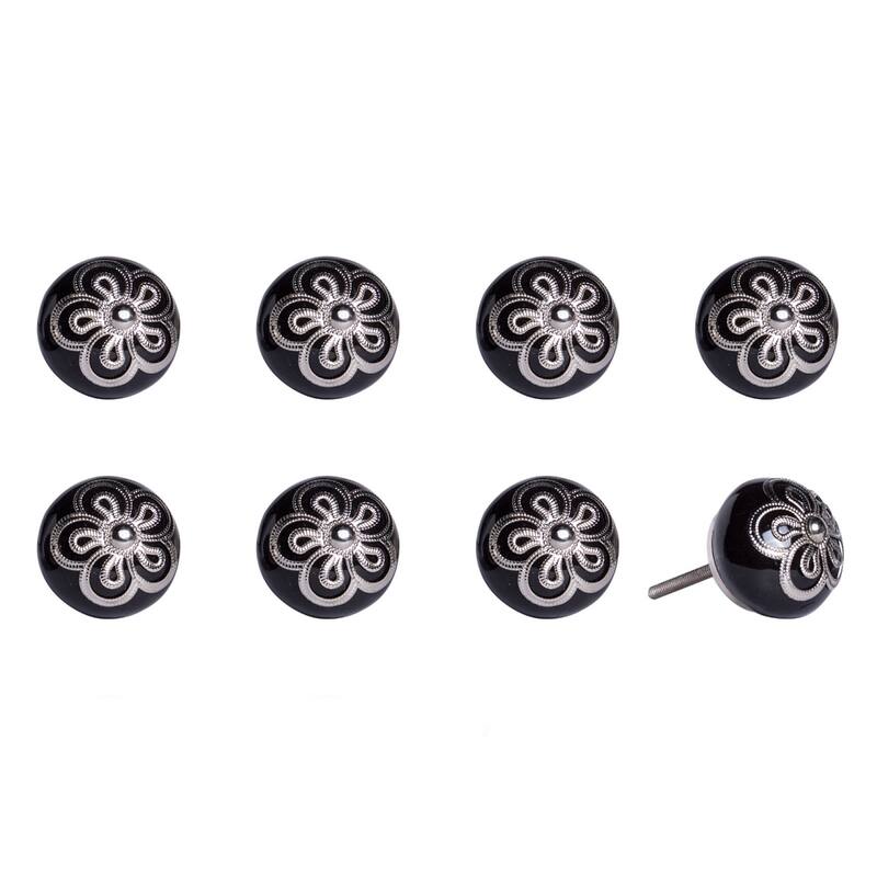 Set of 8 Hand-Painted Black & Silver Botanical Ceramic Cabinet Knobs Artisan Round Drawer Pulls with Metal Base