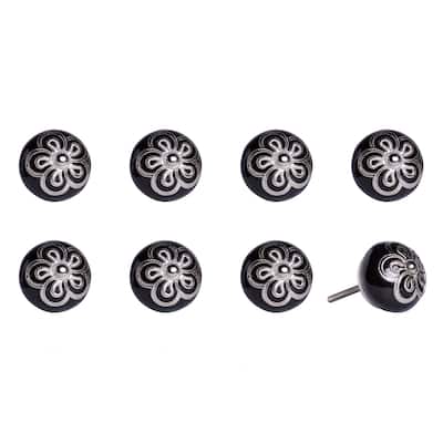 Set of 8 Hand-Painted Black & Silver Botanical Ceramic Cabinet Knobs Artisan Round Drawer Pulls with Metal Base