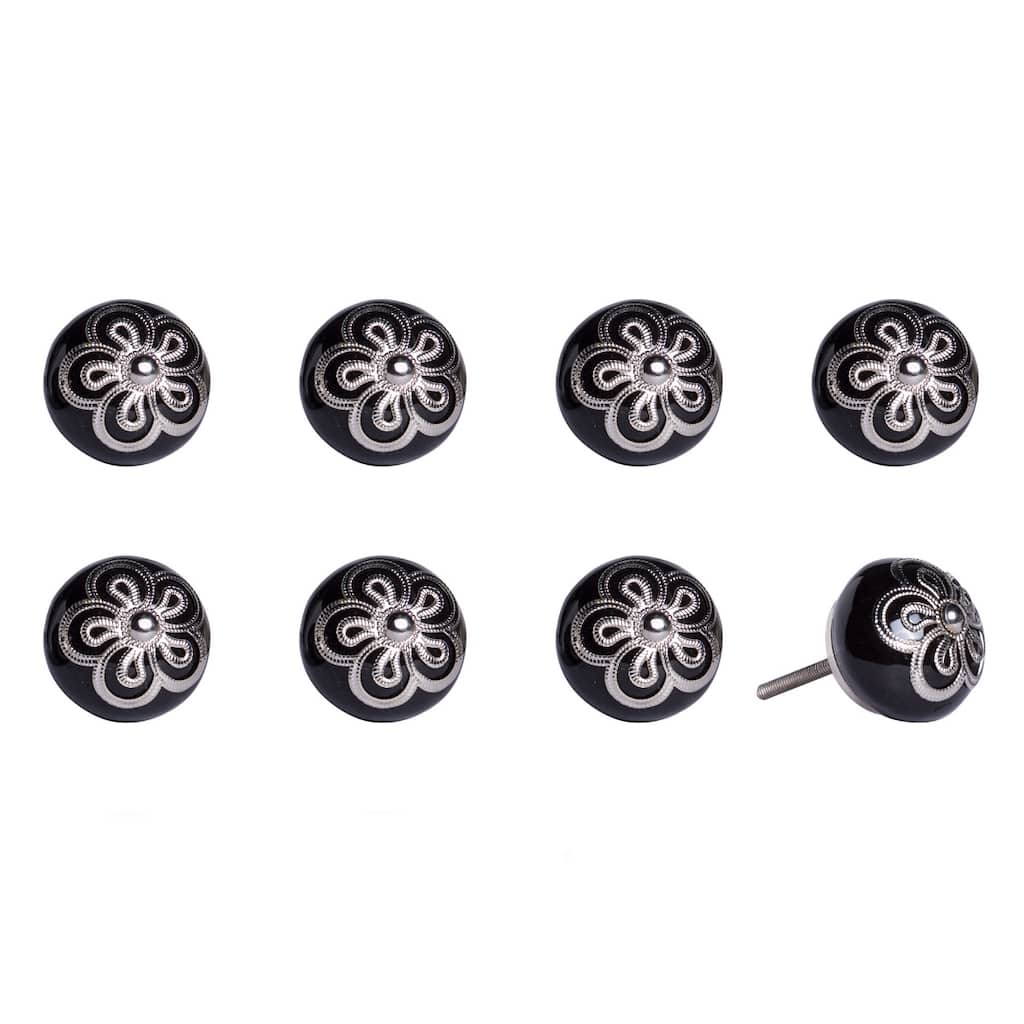 Set of 8 Hand-Painted Black & Silver Botanical Ceramic Cabinet Knobs Artisan Round Drawer Pulls with Metal Base