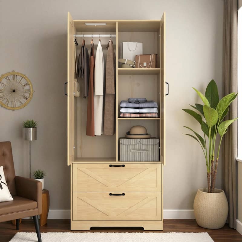 2-Door Wood Wardrobe with Hanging Rod Induction Light and 2 Drawers Bedroom Closet Storage Cabinet with Mirror