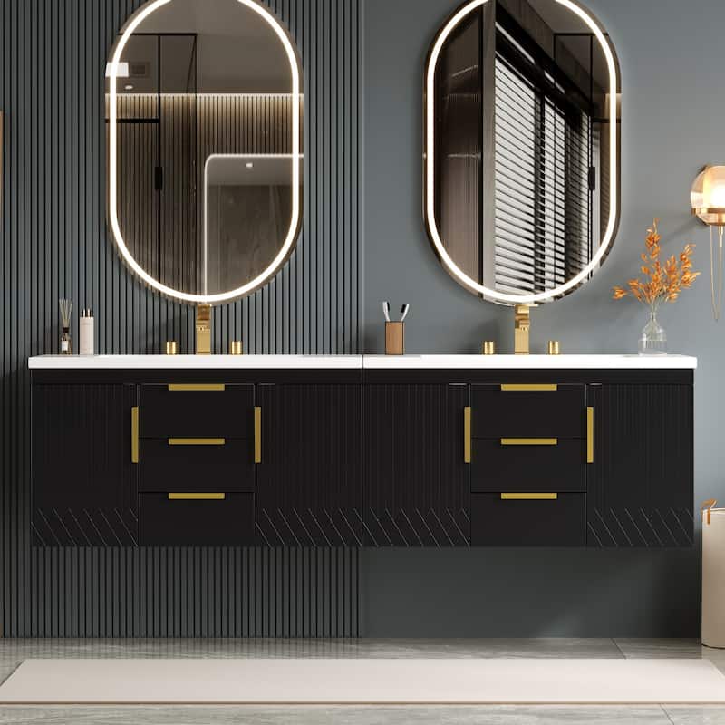 GDFStudio - Danford Modern Floating Double Bathroom Vanity Set with Resin Sink & Soft-Closing Doors - 72'W - Black