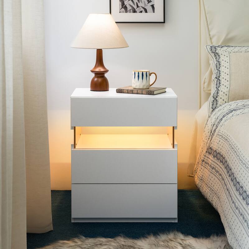 GDF Studio - Avalon Modern LED Nightstand with Acrylic Light Panel and Three Storage Drawers - White