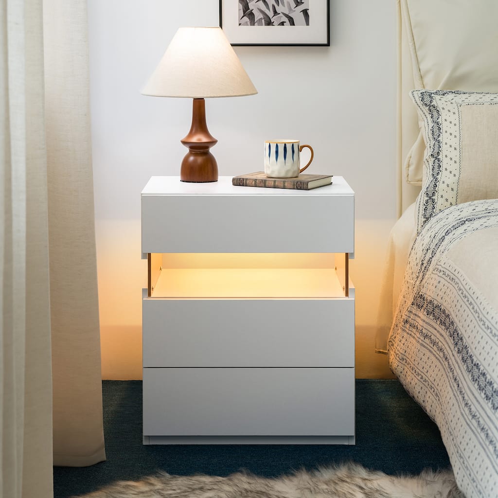 GDF Studio - Avalon Modern LED Nightstand with Acrylic Light Panel and Three Storage Drawers