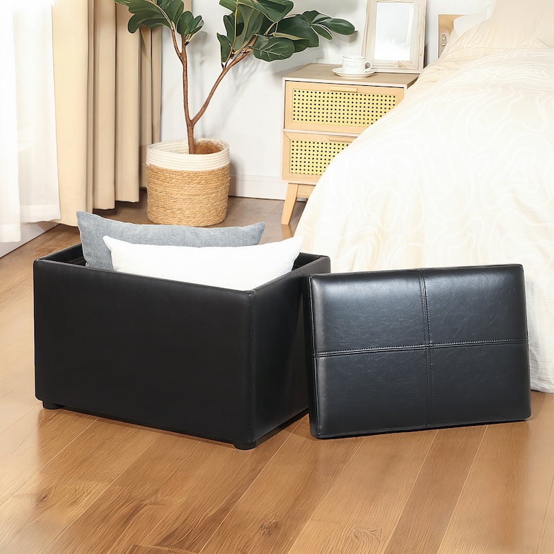 Adeco Faux Leather Rectangle Storage Ottoman with Reversible Tray