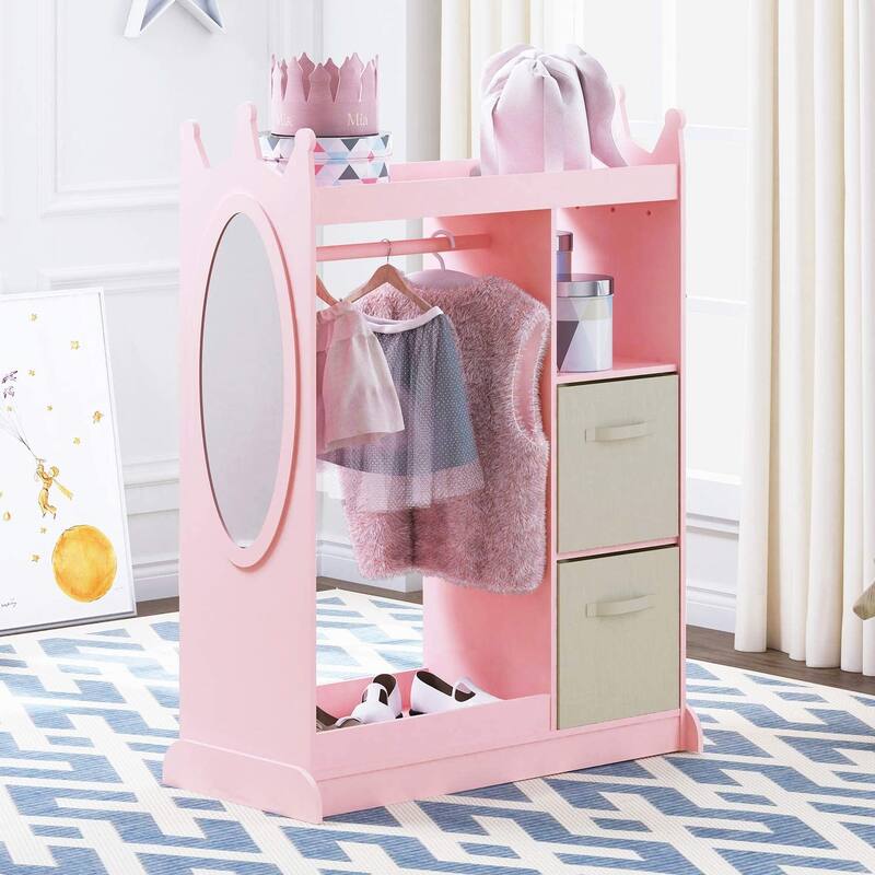 UTEX Kids Dress up Storage with Mirror and Storage Bin,Kids Armoire Dresser,Costume Closet,Pretend Storage Closet for Kids - Beige/Pink