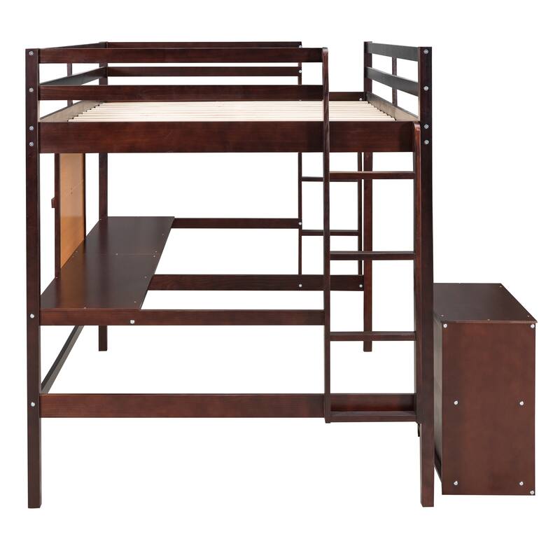 Twin/Full Size Wooden Loft Bed with Built-in Desk, Writing Board, and 2 Drawers, Space-Saving Loft Bed for Kids