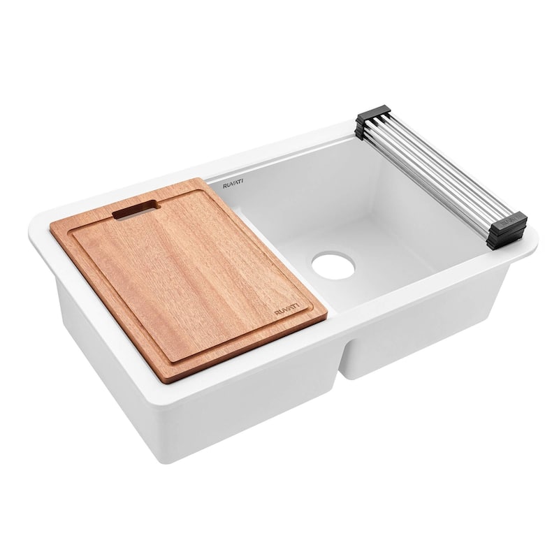Ruvati 32-inch Undermount Workstation Granite Composite Quartz Kitchen Sink 50/50 Double Bowl - Arctic White - RVG2343WH