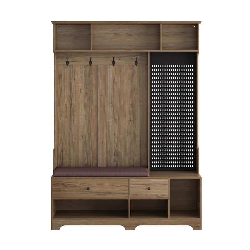 Versatile Hallway Hall Tree with Removable Linen-Cushioned Bench,Coat Rack,Ample Storage Shelves,and Customizable DIY Pegboard
