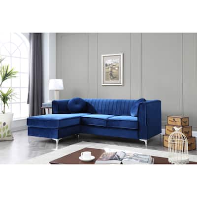 Navy Blue Velvet Sofa Chaise, 75x63x32 inches, 146 lbs, Semi-Assembled w/ Chrome Legs & Pillows