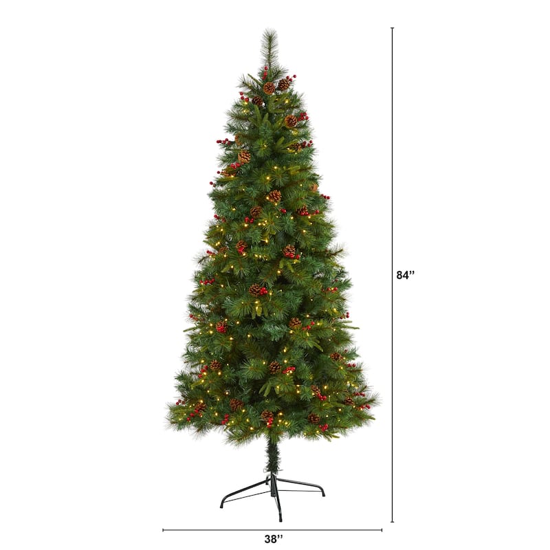 7ft. Mixed Pine Artificial Christmas Tree with 350 Clear LED Lights, Pine Cones & Berries - Festive Holiday X-Mas Tree
