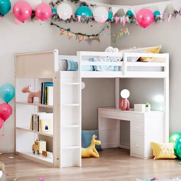 slide 2 of 11, Full Size Loft Bed With Ladder,Shelves and Desk for Home White